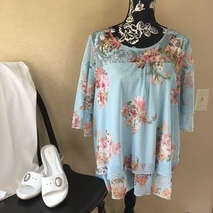 🎁2/$12 LG TIERED RELATIVITY TOP 3/4 SLEEVES & SHEER INSET